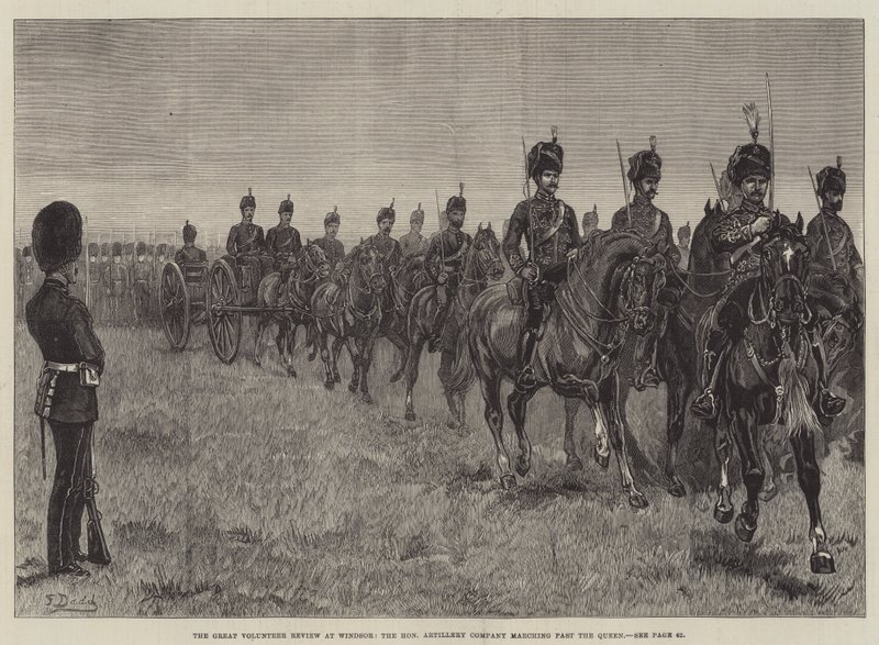 La gran revisión voluntaria en Windsor, la Compañía de Artillería Honorable desfilando ante la Reina de Frank Dadd