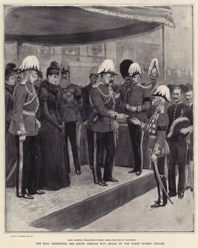El rey presentando la medalla de la Guerra de Sudáfrica en el desfile de Horse Guards de Frank Dadd