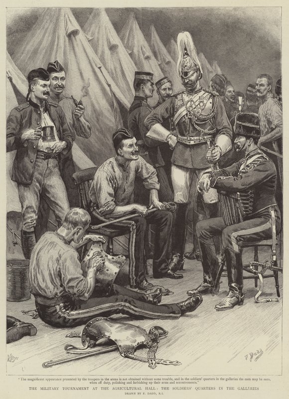 El torneo militar en el Agricultural Hall, los cuarteles de los soldados en las galerías de Frank Dadd