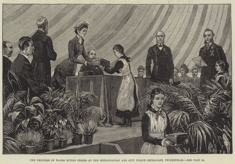 La Princesa de Gales entregando premios en el Orfanato de la Policía Metropolitana y de la Ciudad, Twickenham de Frank Dadd