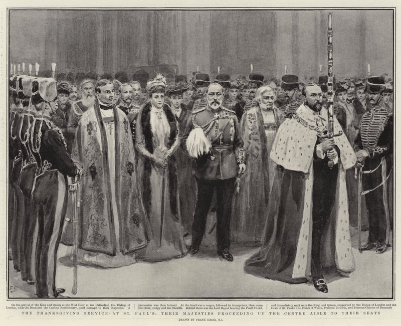 El Servicio de Acción de Gracias en San Pablo, Sus Majestades avanzando por el Pasillo Central hacia sus Asientos de Frank Dadd