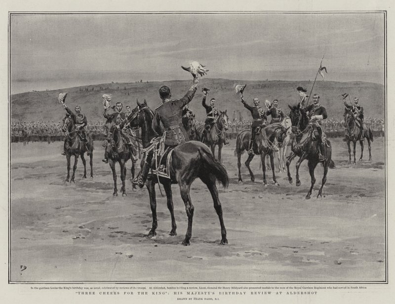 Tres hurras por el Rey, la revisión de cumpleaños de Su Majestad en Aldershot de Frank Dadd