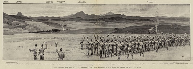 Tres hurras por la Reina, celebrando el cumpleaños de Su Majestad a la vista de la colina Majuba de Frank Dadd