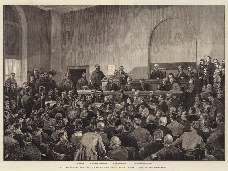 Juicio de Guiteau por el asesinato del presidente Garfield, vista general de la sala del tribunal de Frank Dadd