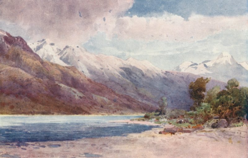 Nueva Zelanda: En la cabecera del lago Wakatipu (litografía en color) de Frank H Wright