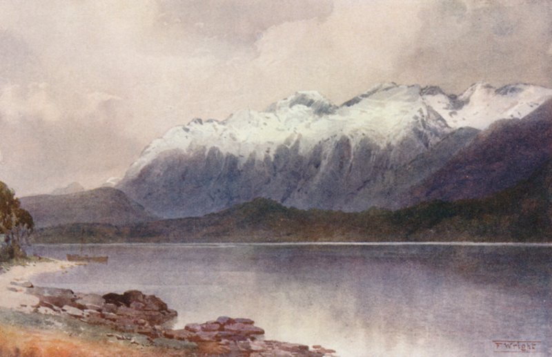 Nueva Zelanda: Cathedral Peaks (litografía en color) de Frank H Wright