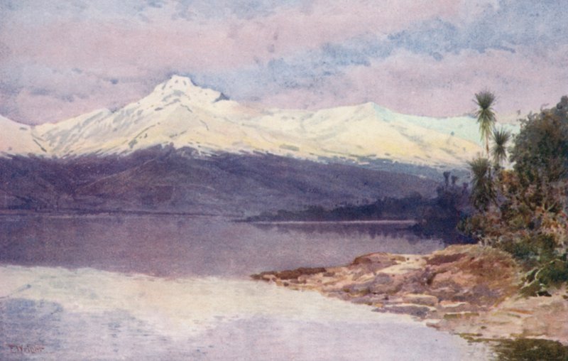 Nueva Zelanda: Diamond Lake (litografía en color) de Frank H Wright