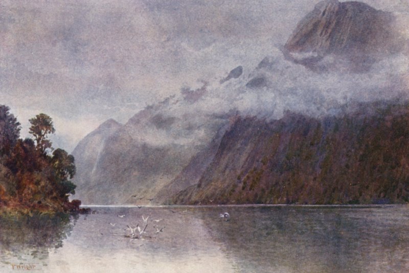 Nueva Zelanda: En Milford Sound (litografía en color) de Frank H Wright