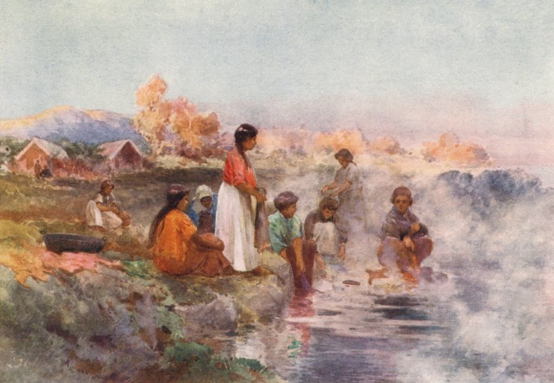 Nueva Zelanda: Día del Lavado Maorí, Ohinemutu (litografía en color) de Frank H Wright
