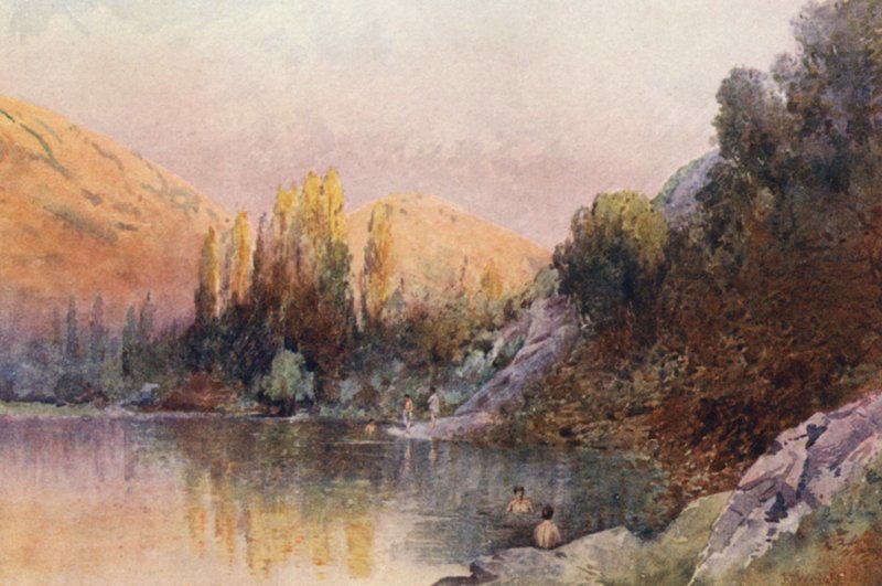 Nueva Zelanda: The Bathing Pool (litografía en color) de Frank H Wright