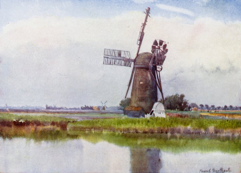 Norfolk Broads: País de molinos sobre Stokesby (litografía en color) de Frank Southgate