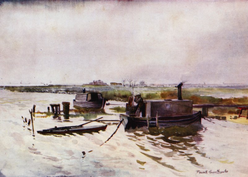 Norfolk Broads: Casas flotantes de cazadores en Breydon (litografía en color) de Frank Southgate