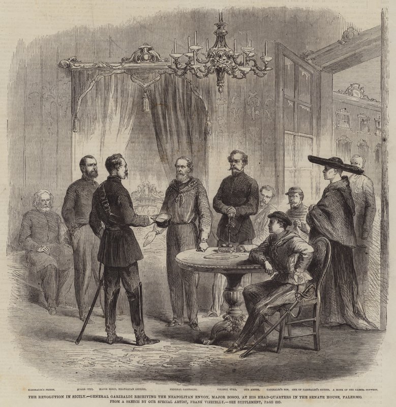 La Revolución en Sicilia, el General Garibaldi recibiendo al enviado napolitano, Mayor Bosco, en su cuartel general en la Casa del Senado, Palermo de Frank Vizetelly