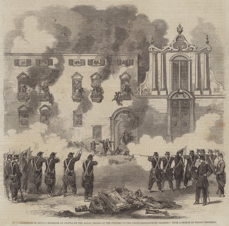 La Revolución en Sicilia, Masacre de Personas por las Tropas Reales en el Convento de los Benedictinos Blancos, Palermo de Frank Vizetelly