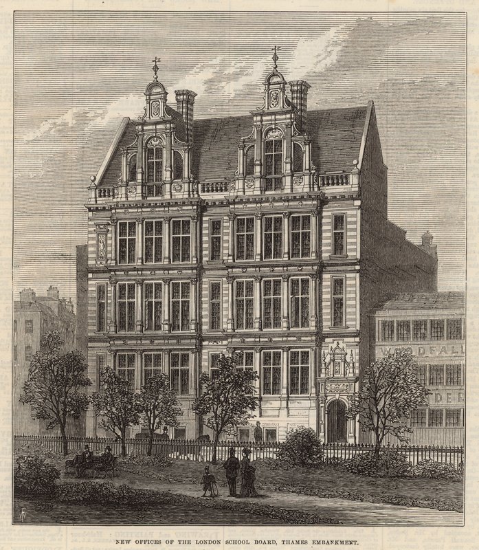 Nuevas oficinas de la Junta Escolar de Londres, Thames Embankment (grabado) de Frank Watkins