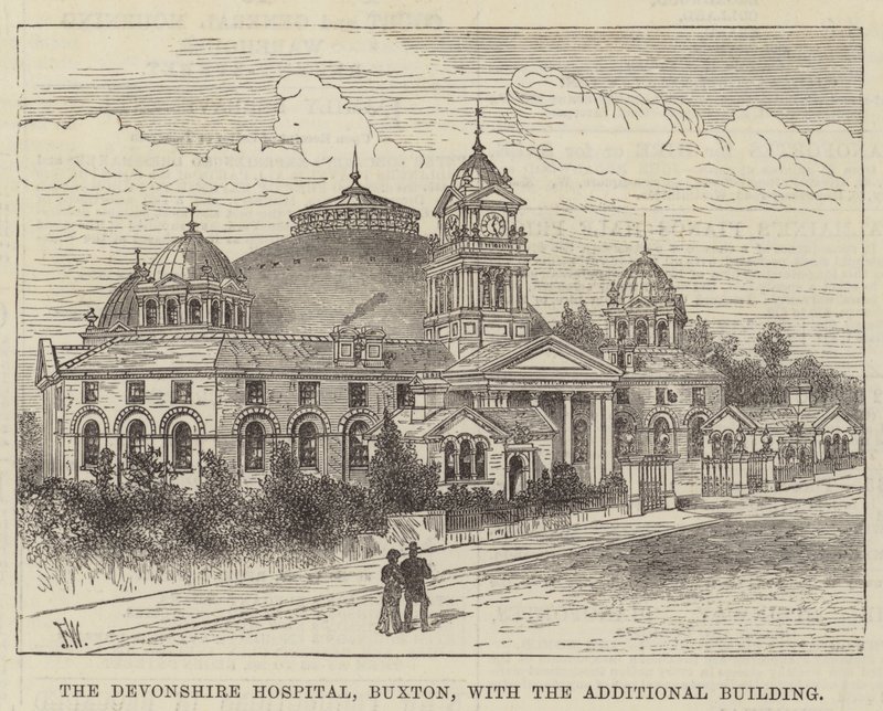El Hospital de Devonshire, Buxton, con el edificio adicional de Frank Watkins