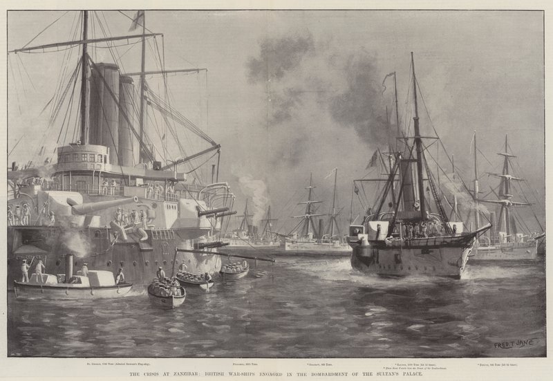 La crisis en Zanzíbar, barcos de guerra británicos bombardeando el palacio del sultán de Fred T. Jane