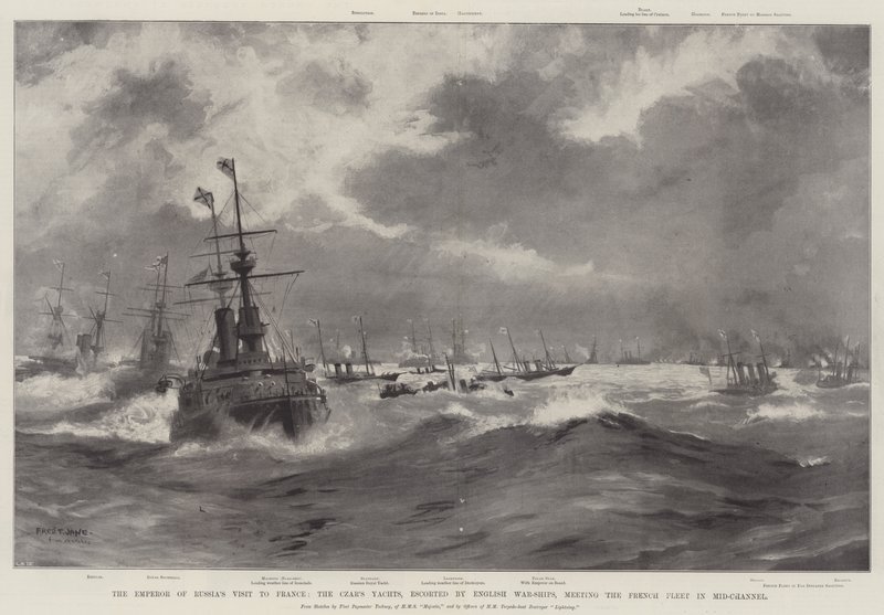 La Visita del Emperador de Rusia a Francia, los Yates del Zar, escoltados por Buques de Guerra Ingleses, encontrándose con la Flota Francesa en el Canal de Fred T. Jane