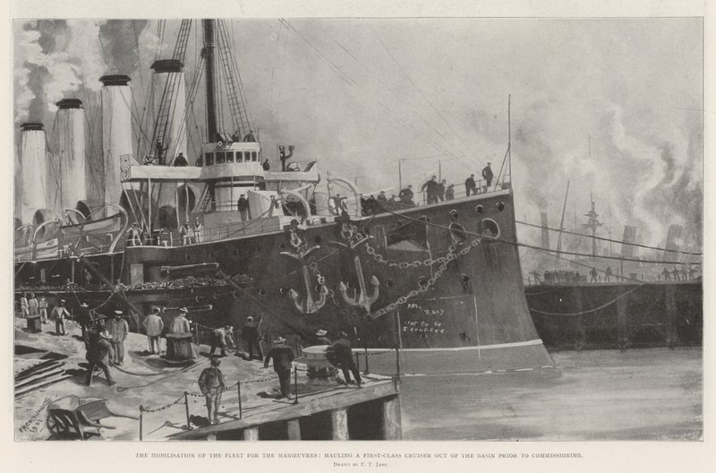 La movilización de la flota para las maniobras, sacando un crucero de primera clase del muelle antes de la puesta en servicio de Fred T. Jane