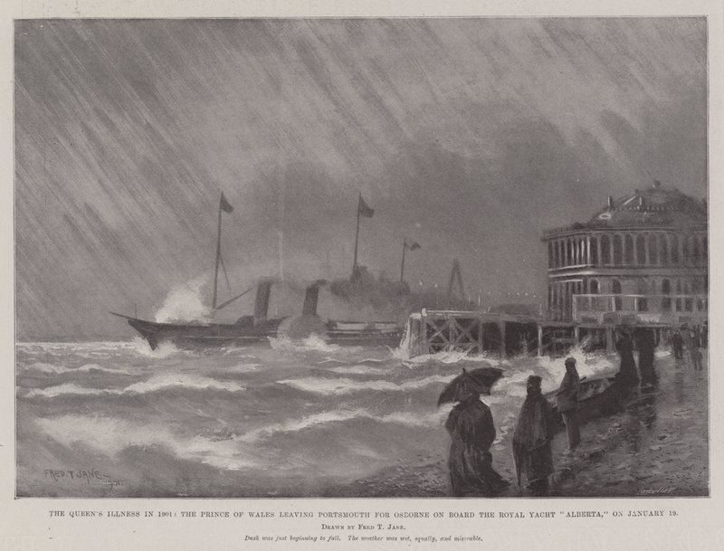 La enfermedad de la Reina en 1901, el Príncipe de Gales saliendo de Portsmouth hacia Osborne a bordo del yate real Alberta, el 19 de enero de Fred T. Jane