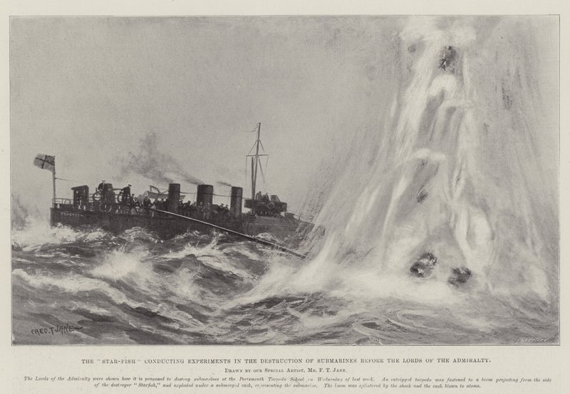 El Estrella de Mar realizando experimentos en la destrucción de submarinos ante los Lores del Almirantazgo de Fred T. Jane