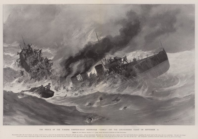 El Naufragio del Destructor de Torpedos Turbina Cobra frente a la Costa de Lincolnshire el 18 de septiembre de Fred T. Jane