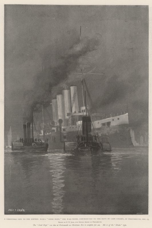 Un regalo de Navidad para el Imperio, HMS Good Hope, el buque de guerra contribuido a la Marina por Cape Colony, en Portsmouth, 25 de diciembre de Fred T. Jane