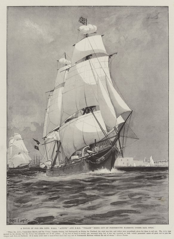 Un Toque de la Vieja Vida Marina, HMS Active y HMS Volage saliendo del Puerto de Portsmouth solo con Vela de Fred T. Jane
