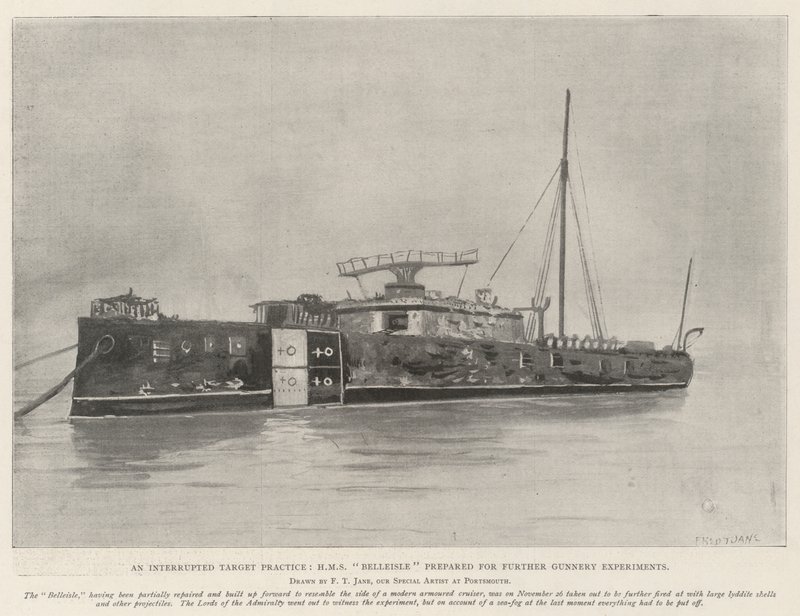 Una práctica de tiro interrumpida, HMS Belleisle preparado para más experimentos de artillería de Fred T. Jane