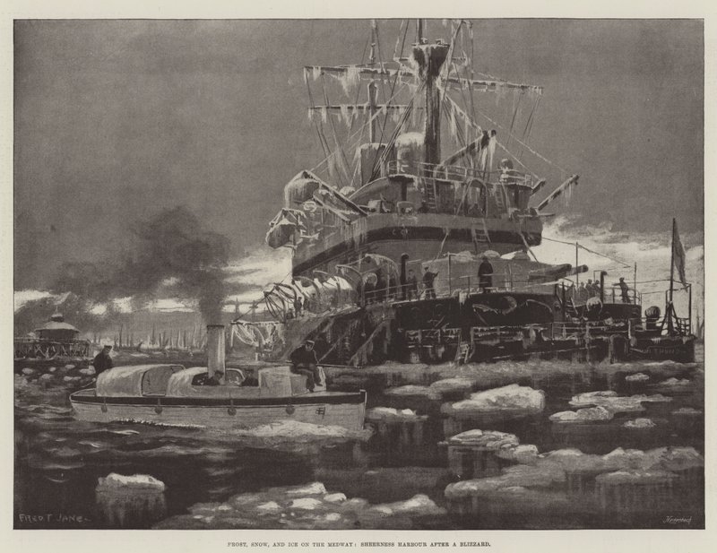 Escarcha, nieve y hielo en el Medway, puerto de Sheerness después de una tormenta de nieve de Fred T. Jane