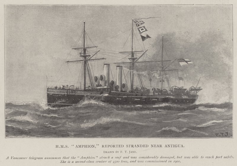 HMS Amphion, reportado varado cerca de Antigua de Fred T. Jane