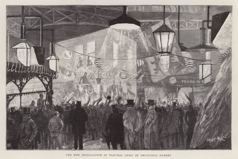 Nueva instalación de luz eléctrica en el Mercado de Smithfield, Londres de Fred T. Jane