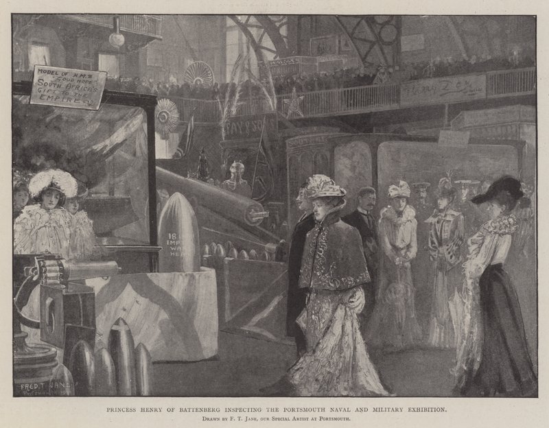 La princesa Enrique de Battenberg inspeccionando la Exposición Naval y Militar de Portsmouth de Fred T. Jane