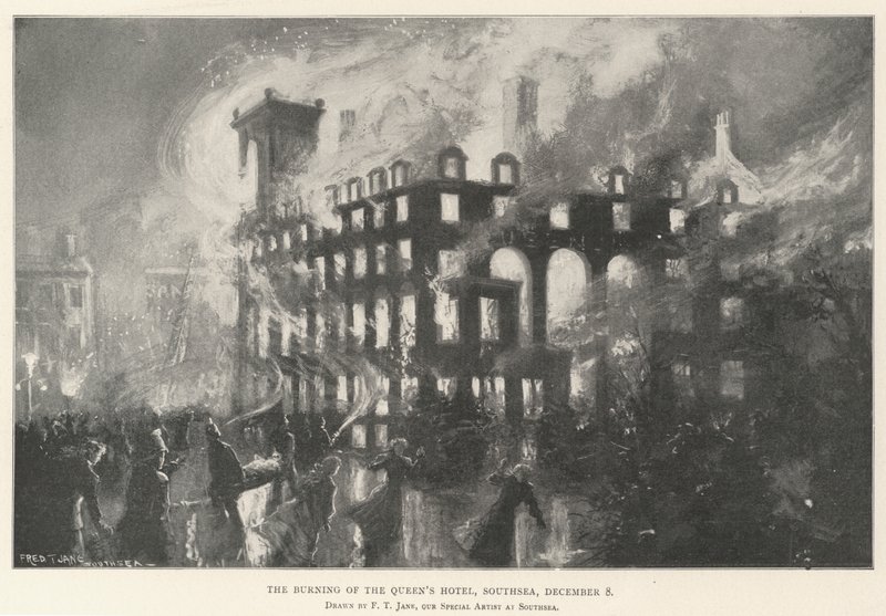 El incendio del Hotel de la Reina, Southsea, 8 de diciembre de Fred T. Jane