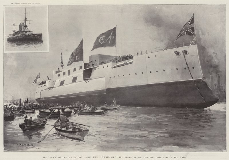 El Lanzamiento de Nuestro Barco de Guerra Más Grande, HMS Formidable, el Buque tal como apareció después de dejar las Vías de Fred T. Jane