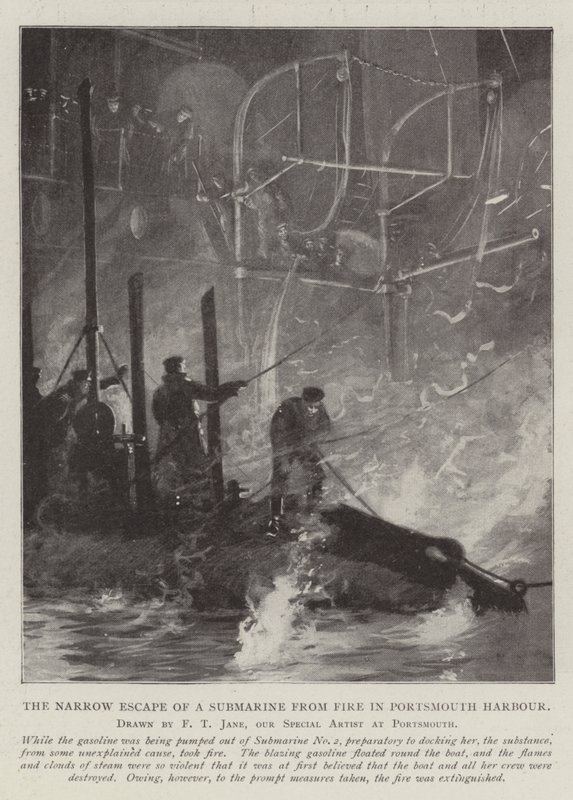 La estrecha escapada de un submarino del fuego en el puerto de Portsmouth de Fred T. Jane