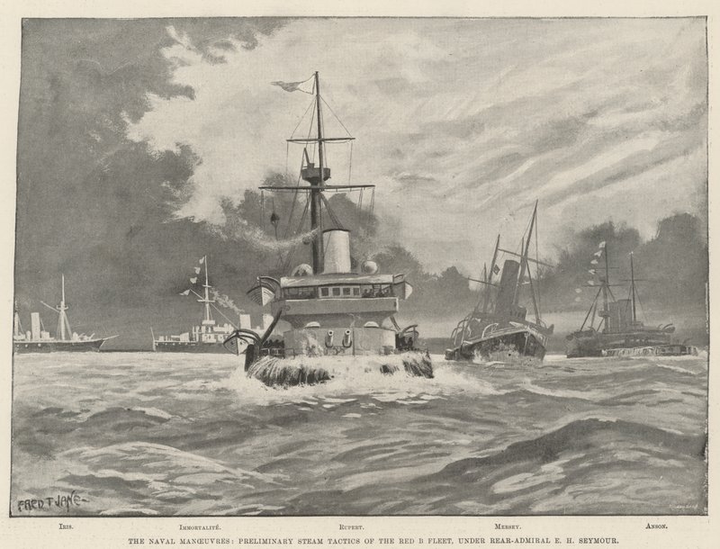 Las Maniobras Navales, Tácticas de Vapor Preliminares de la Flota Roja B, bajo el Contraalmirante E H Seymour de Fred T. Jane
