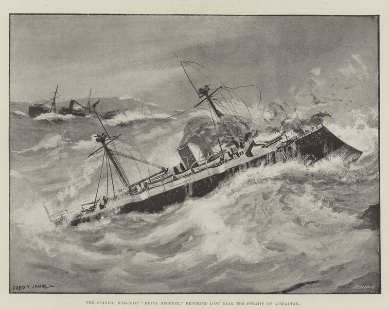 El buque de guerra español, Reina Regente, reportado perdido cerca del Estrecho de Gibraltar de Fred T. Jane