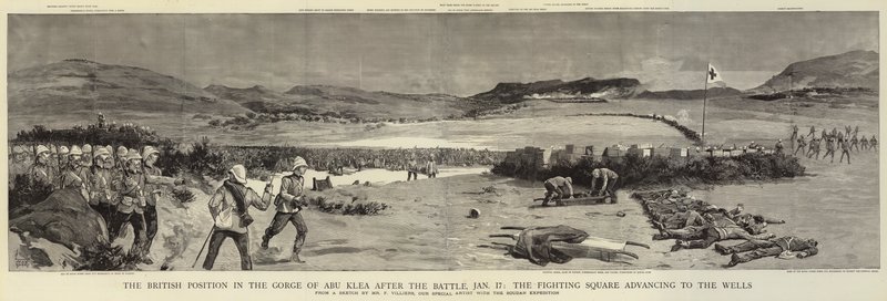 La posición británica en la garganta de Abu Klea después de la batalla, 17 de enero, el cuadrado de combate avanzando hacia los pozos de Frederic Villiers