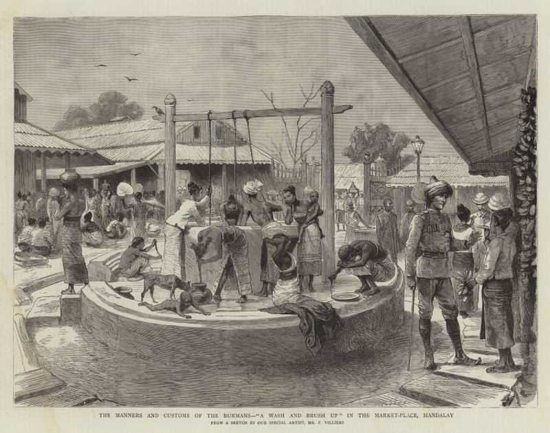 Las costumbres y modales de los birmanos, un lavado y cepillado en el mercado, Mandalay de Frederic Villiers