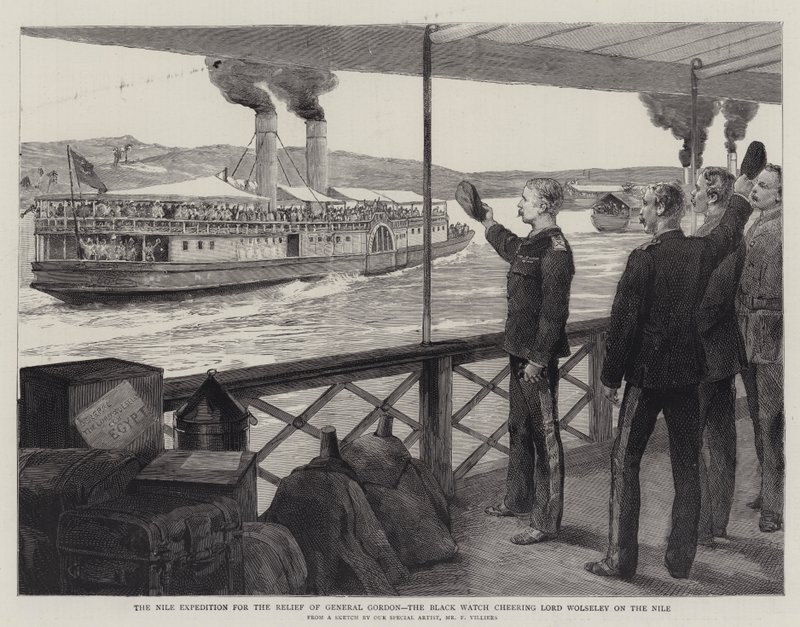 La expedición del Nilo para el alivio del General Gordon, el Black Watch animando a Lord Wolseley en el Nilo de Frederic Villiers