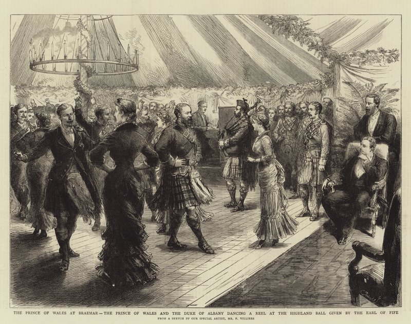 El Príncipe de Gales en Braemar, el Príncipe de Gales y el Duque de Albany bailando una Reel en el Baile de las Tierras Altas dado por el Conde de Fife de Frederic Villiers