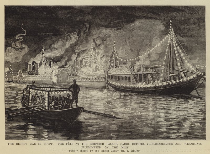 La Guerra Reciente en Egipto, la Fiesta en el Palacio Ghezireh, El Cairo, 2 de Octubre, Dahabeeyehs y Barcos de Vapor Iluminados en el Nilo de Frederic Villiers