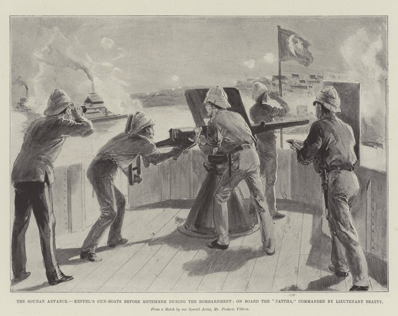 El avance en Sudán, los cañoneros de Keppel antes de Metemmeh durante el bombardeo, a bordo del Fattha, comandado por el teniente Beatty de Frederic Villiers