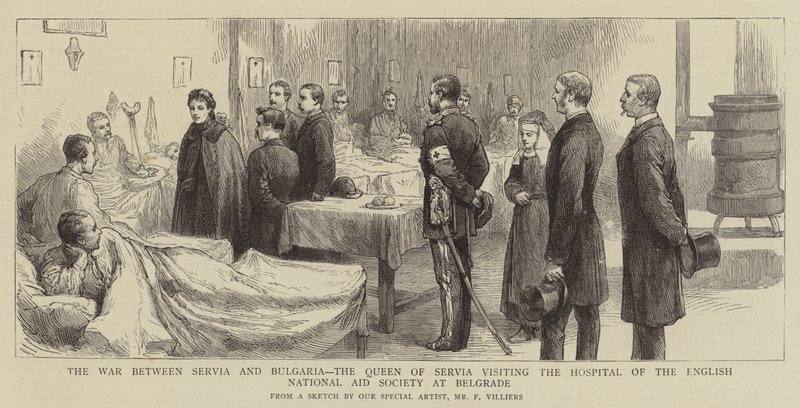 La guerra entre Serbia y Bulgaria, la Reina de Serbia visitando el Hospital de la Sociedad Nacional de Ayuda Inglesa en Belgrado de Frederic Villiers