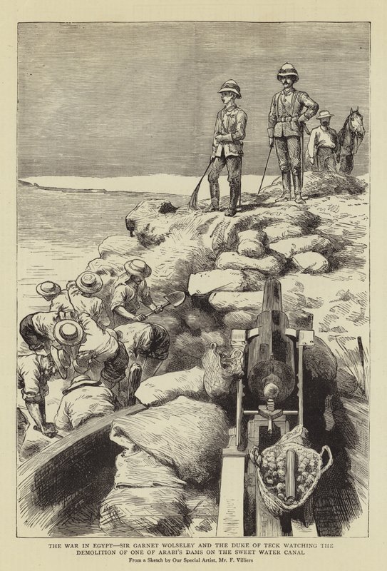 La Guerra en Egipto, Sir Garnet Wolseley y el Duque de Teck observando la Demolición de una de las Presas de Arabi en el Canal de Agua Dulce de Frederic Villiers