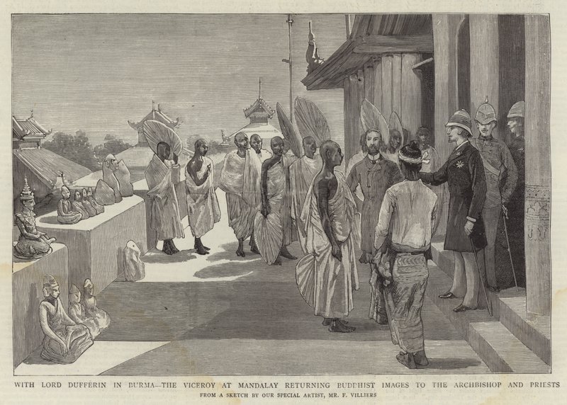 Con Lord Dufferin en Birmania, el virrey en Mandalay devolviendo imágenes budistas al arzobispo y sacerdotes de Frederic Villiers