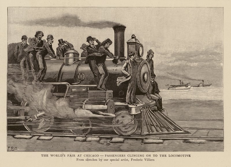 Pasajeros aferrados a la locomotora en la Exposición Universal de Chicago (grabado) de Frederic (after) Villiers