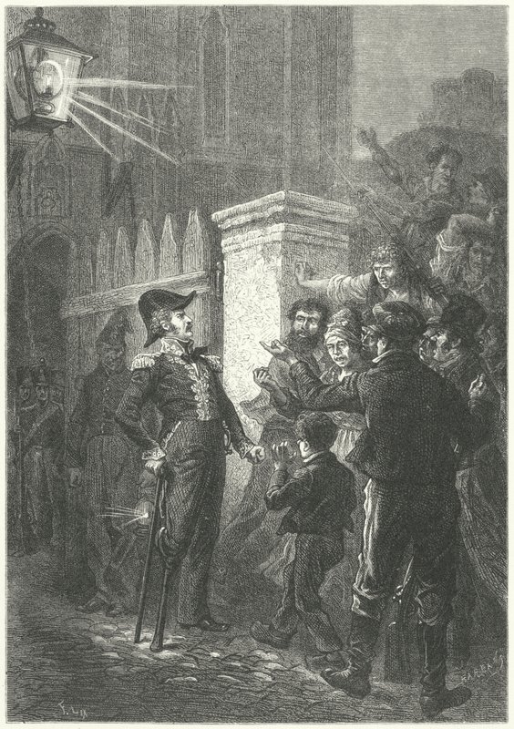El General Daumesnil confronta a la multitud parisina fuera del Château de Vincennes durante la Revolución Francesa de 1830 (grabado) de Frederic Theodore (after) Lix