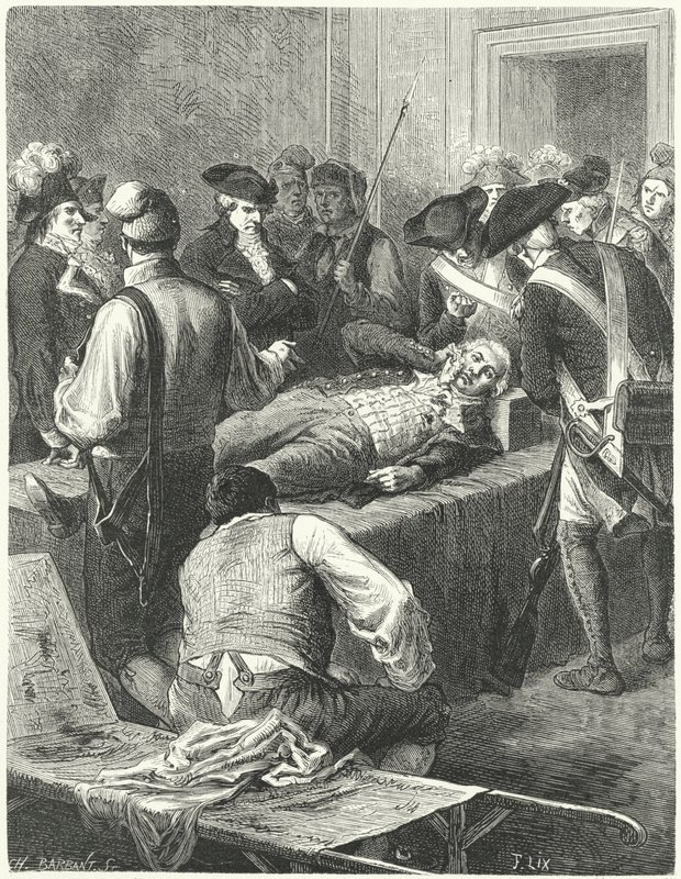 El herido Maximilien Robespierre en el Comité de Seguridad Pública esperando su ejecución, 1794 de Frederic Theodore Lix